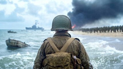 World War II Soldier Landing on Beach Amidst Chaos and Destruction Historical Conflict Scene