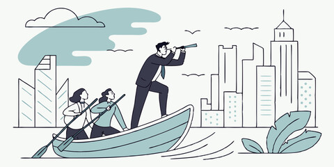 Flagship, businessman leads team forward, business vision and perspective, team floats the boat
