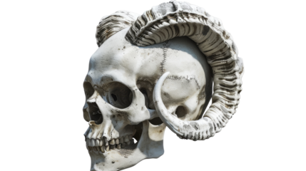 Skull with Horns: An ancient, weathered skull adorned with large, spiraling horns stands out against an empty backdrop, inviting a sense of mystery.