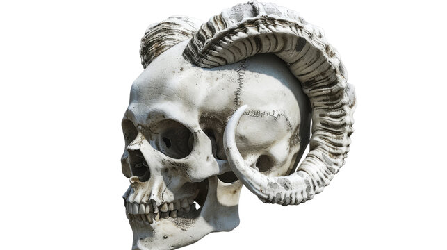 Skull with Horns: An ancient, weathered skull adorned with large, spiraling horns stands out against an empty backdrop, inviting a sense of mystery. - Powered by Adobe