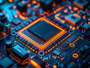 Fototapeta premium Futuristic close-up of a glowing microchip on a circuit board, illuminated with vibrant orange and blue lights, symbolizing advanced technology, innovation, and computing power 
