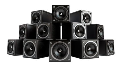 Sound Symphony:  A precise arrangement of sleek speakers, crafting an auditory spectacle, their dark forms poised in a studio-like environment. 