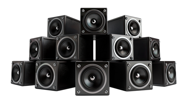 Sound Symphony:  A precise arrangement of sleek speakers, crafting an auditory spectacle, their dark forms poised in a studio-like environment. 