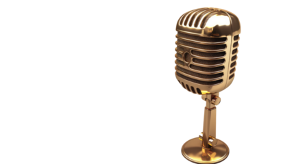 Vintage Gold Microphone: Capturing the allure of nostalgia, a golden vintage microphone stands poised, a timeless symbol of broadcasting and the art of vocal performance.