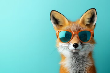Stylish fox with orange sunglasses on aqua background