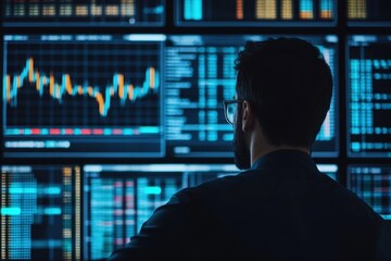 Fototapeta premium Professional Analyst Observing Stock Market Trends and Data Visualizations on Multiple Screens in Fiery Night Setting with Blue Tones