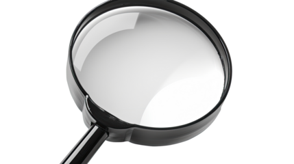 Magnifying Glass: An overhead shot of a magnifying glass. Focus on detail, discovery and investigation