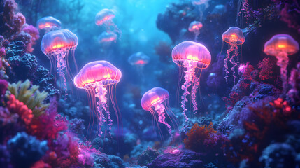 underwater world with floating jellyfish and glowing coral formations 