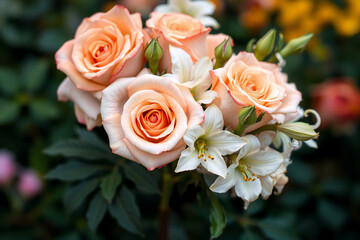 Delicate peach roses and white lilies bouquet, captured in soft focus, showcasing nature's beauty and gentle hues against a blurred garden backdrop.