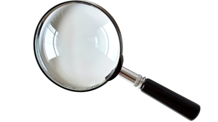 Magnifying Glass Close-up: A sleek magnifying glass, perfectly clear lens and reflecting ambient light, poised to examine details and amplify perspective.