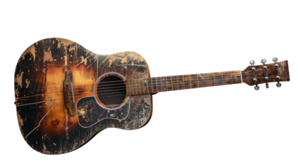 Vintage Guitar: A close-up shot of an aged acoustic guitar shows wear, telling tales of melodies and memories. It's a symbol of musical journeys and soulful expression.