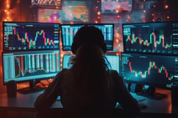 Fototapeta premium Professional trader analyzing stock market data on multiple computer screens with graphs and charts in a dark, illuminated environment