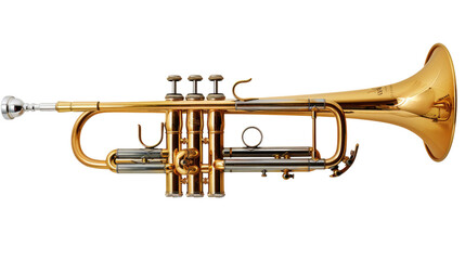 Obraz premium Golden Trumpet in Detailed Shot: A shiny, gleaming trumpet, a symbol of music and artistry, showcased in a detailed shot.
