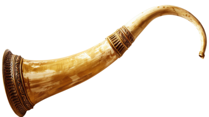 Horn in a neutral tone: An elegantly crafted horn is isolated, exhibiting the warm, natural tones of its material, potentially ivory or bone. This object with detailed engravings.