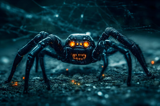 3D Render of a menacing, bioluminescent spider crawls across dark ground with glowing eyes and fangs, a nightmarish creature of the digital realm.