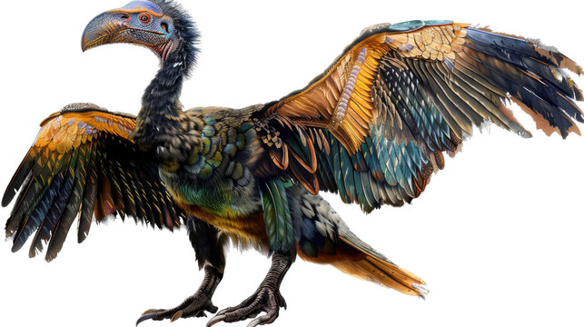 Terror Bird's Vibrant Display: Witness a magnificent terror bird, its colorful plumage and imposing form captured in a striking illustration, poised to take flight.