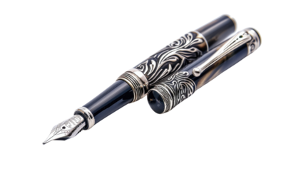 Intricate Fountain Pen: a close-up studio shot of an exquisitely crafted fountain pen with intricate silver detailing, a symbol of elegance and sophistication.