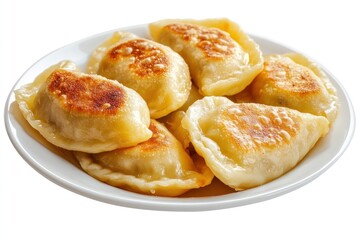A serving of pierogi with golden-brown edges, stuffed with potato and cheese, isolated on a transparent background.