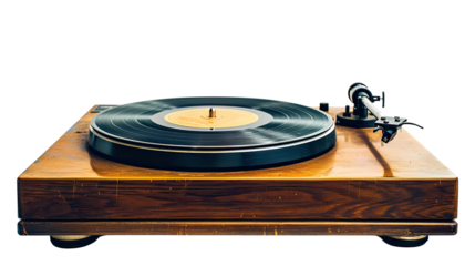 Vintage Vibes: A detailed shot of an elegant record player featuring a vinyl record, embodying the essence of sound in a vintage way.