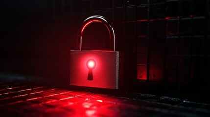 A shiny metal padlock glows bright red in a dark, low lit environment with a metallic looking gate.