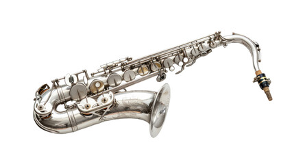 Fototapeta premium Soprano Saxophone: A pristine silver soprano saxophone, a symbol of music, melodies, and artistic expression, poised against an simple background.