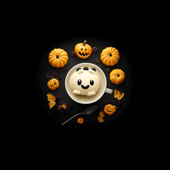 Adorable Cartoon Character Coffee Drink Surrounded by Pumpkins and Autumn Leaves on Black Background Halloween Theme