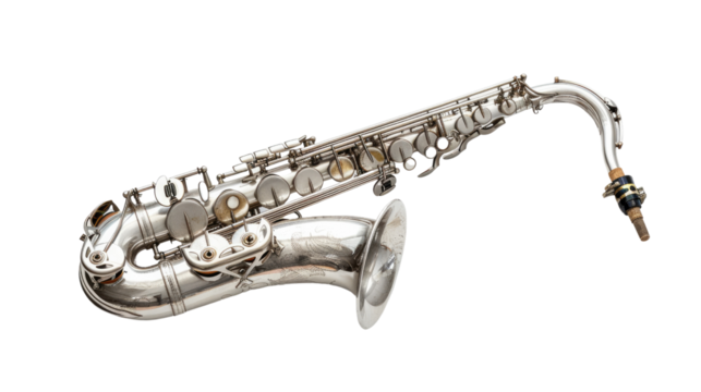Soprano Saxophone: A pristine silver soprano saxophone, a symbol of music, melodies, and artistic expression, poised against an simple background.