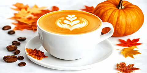 Autumnal Latte Art: A Cozy Cup of Cappuccino with Pumpkin and Fall Leaves