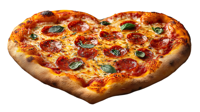 Heart-Shaped Pizza: A delicious heart-shaped pizza, perfectly baked with pepperoni and fresh basil, ready to share with loved ones.