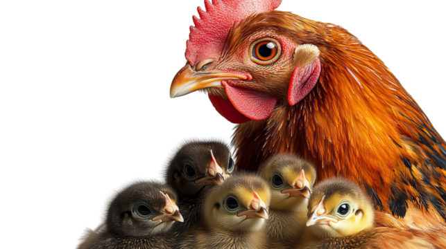 Nurturing Hen and Chicks: A heartwarming portrayal of a hen vigilantly watching over her chicks. The chicks, full of life, huddle closely.