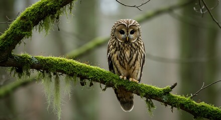 Serene owl perched on moss-covered branch soft light filters through deep forest creating tranquil mood. AI Generated