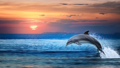 Fototapeta premium A Dolphin’s Dream: Twilight Flight Over a Glowing Ocean