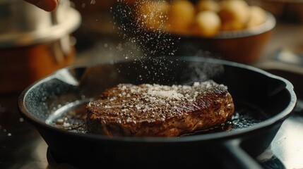 Cooking a Juicy Steak with Seasoning in a Cast Iron Skillet
