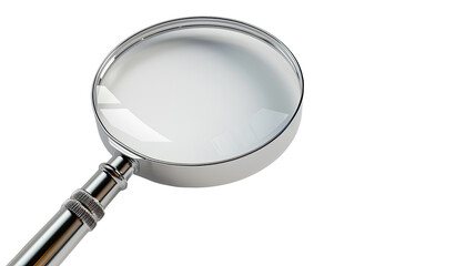 Fototapeta premium Magnifying Clarity: A close-up view of a classic magnifying glass. Its polished metal frame and transparent lens create a sense of precision and detail, hinting at exploration, investigation.