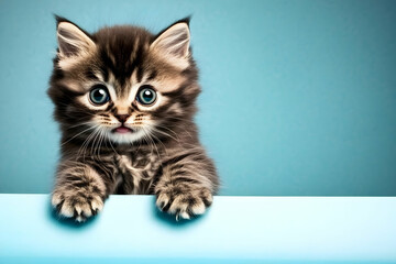 Fototapeta premium Adorable Kitten with Big Eyes Peeking Over a Light Blue Surface, Cute Pet Photography Background