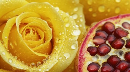 Dew-Kissed Yellow Rose and Juicy Pomegranate A Symphony of Color and Texture