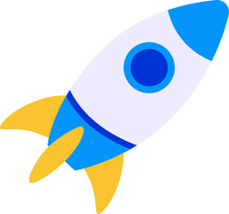 Cartoon rocket ship with blue accents ready for takeoff