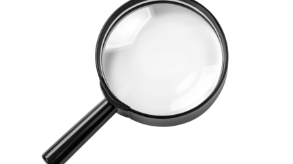 Magnifying Glass: A classic magnifying glass with a sleek black handle lies diagonally, its transparent lens capturing the play of light, perfect for concepts involving investigation, search.