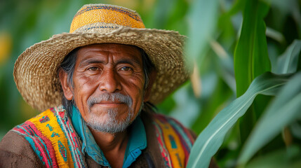Fototapeta premium A Mexican farmer wearing a straw hat and colorful traditional clothing surrounded by lush green plants