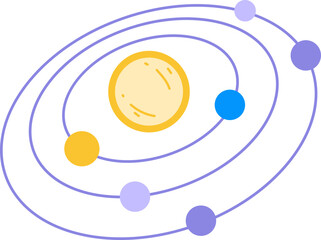 Illustration of a solar system with a central sun and six orbiting planets