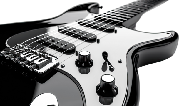 Electric Guitar Close-Up: An electric guitar is captured in stunning detail, showcasing the instrument's sleek design and intricate components