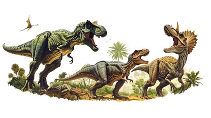 Fototapeta premium Jurassic Giants: An artistic rendering depicts several majestic dinosaurs amidst a verdant, prehistoric landscape. The imposing Tyrannosaurus Rex, smaller dinosaurs, and other species interact.