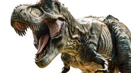 Majestic Tyrannosaurus Rex: A formidable Tyrannosaurus Rex roars with raw power, revealing its teeth in stunning detail against a clean backdrop, inviting a sense of awe and fear.