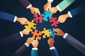 A sleek vector-style image of diverse businesspeople, hands holding colorful puzzle pieces, assembling them into a cohesive structure.