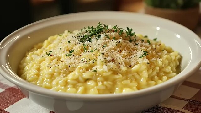 Creamy risotto topped with herbs and cheese served in a cozy restaurant setting with soft lighting