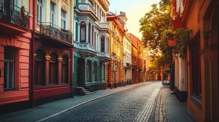 Fototapeta premium A beautiful European street with colorful old buildings, cobblestone paths, and charming balconies, evoking the essence of cultural travel.