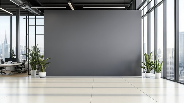Empty gray office wall mockup with panoramic view of concrete floor and plants in modern interior design. 3D rendering template for advertising banner, company branding presentation, corporate identit