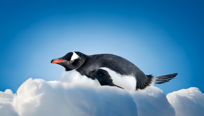 Naklejka premium A realistic penguin glides on a cloud through a vibrant blue sky with soft textured feathers