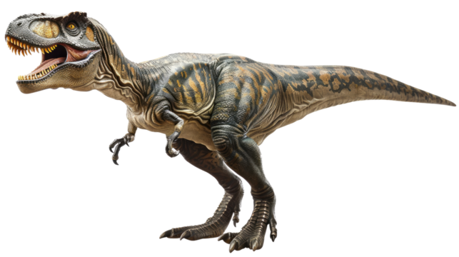 Tyrannosaurus Rex in Action: The mighty Tyrannosaurus Rex roars with raw power, teeth bared in a striking display of dominance, offering a dramatic look at prehistoric predator.