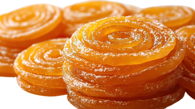 Golden Jalebi Delight: A close-up shot of a stack of golden-brown jalebis, their intricate spiral shapes glistening with a sweet syrup, creating a visually appealing and mouthwatering experience.